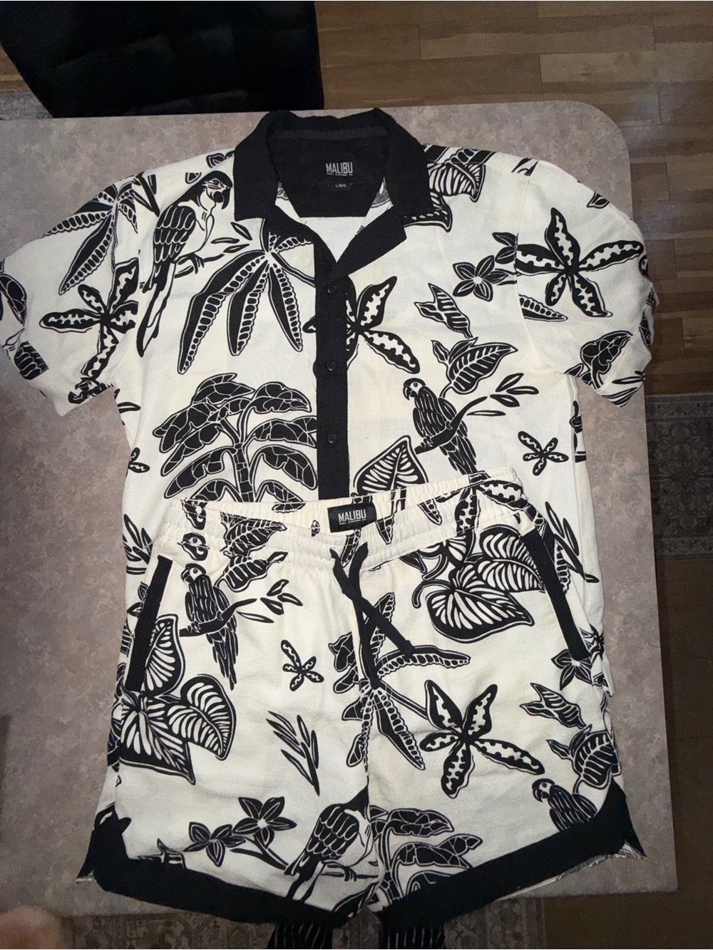 Malibu Black & White Tropical Button-Down Shirt and Shorts Set